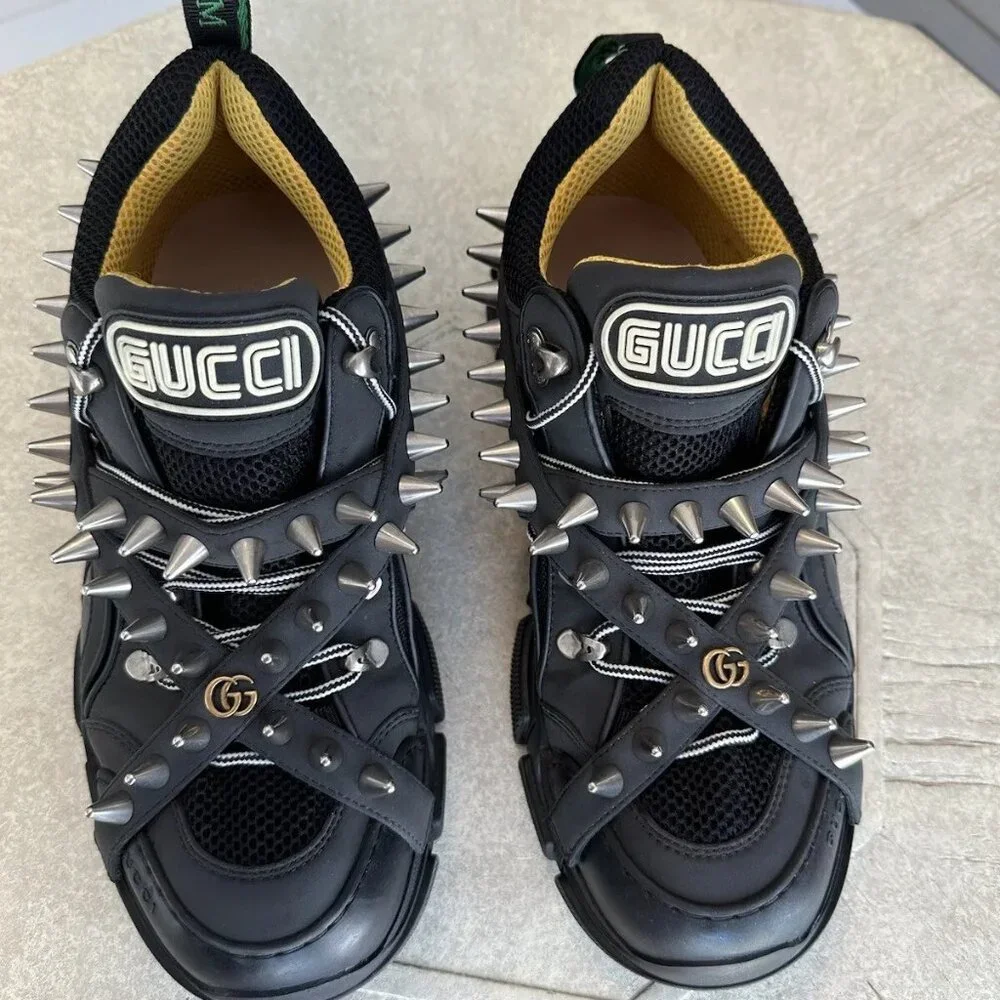 GUCCI Size 8 Black Flashtrek Spikes Canvas Leather Trim Sneakers